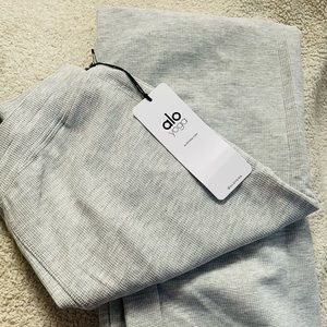 Alo Yoga Micro Waffle High-Waist Pleasant Wide Leg Pant in Grey